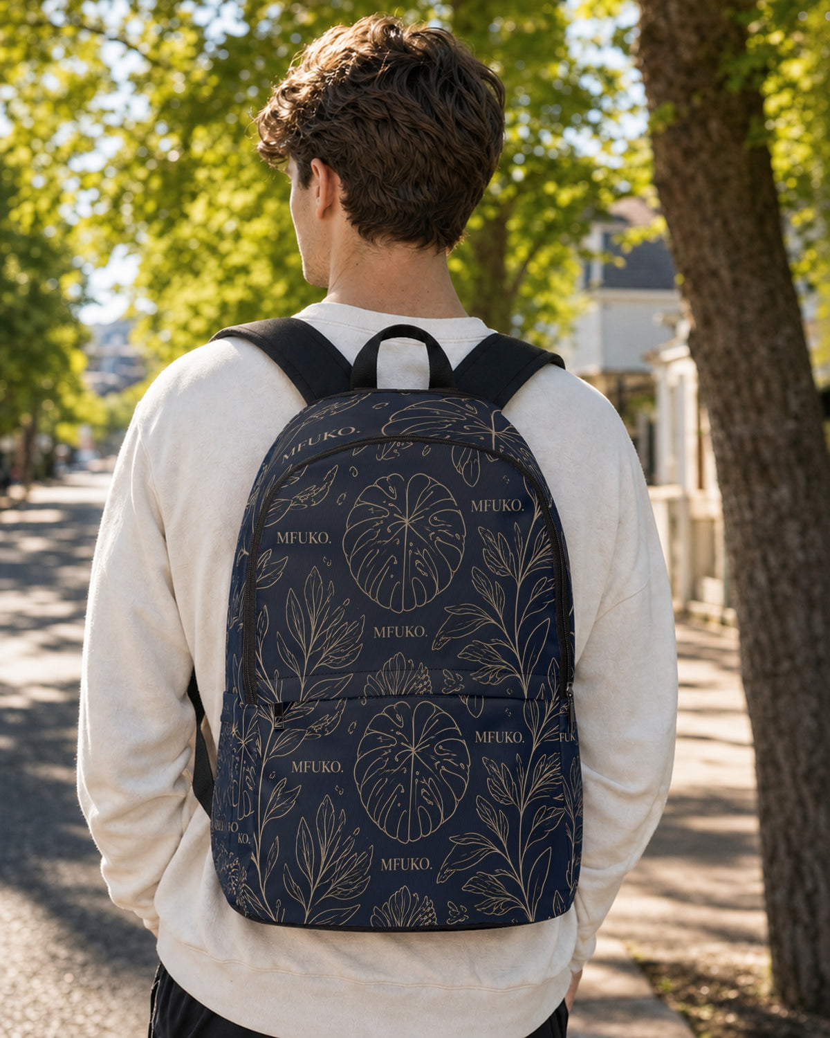 AI-generated image. The MIMEA Backpack shown is the real product; the person and setting are AI-generated, not a photograph of a customer or model.